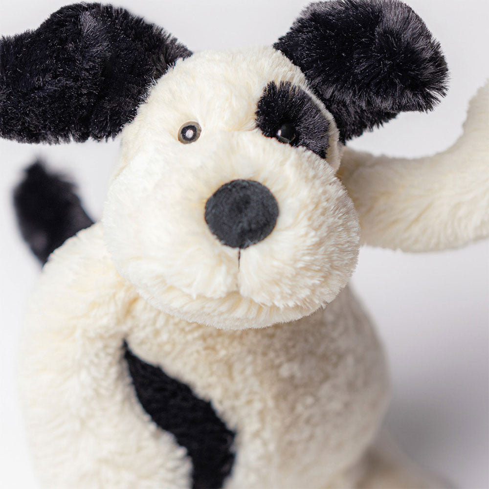 Black & Cream Puppy Plush Soft Toy — front view — Leona BD