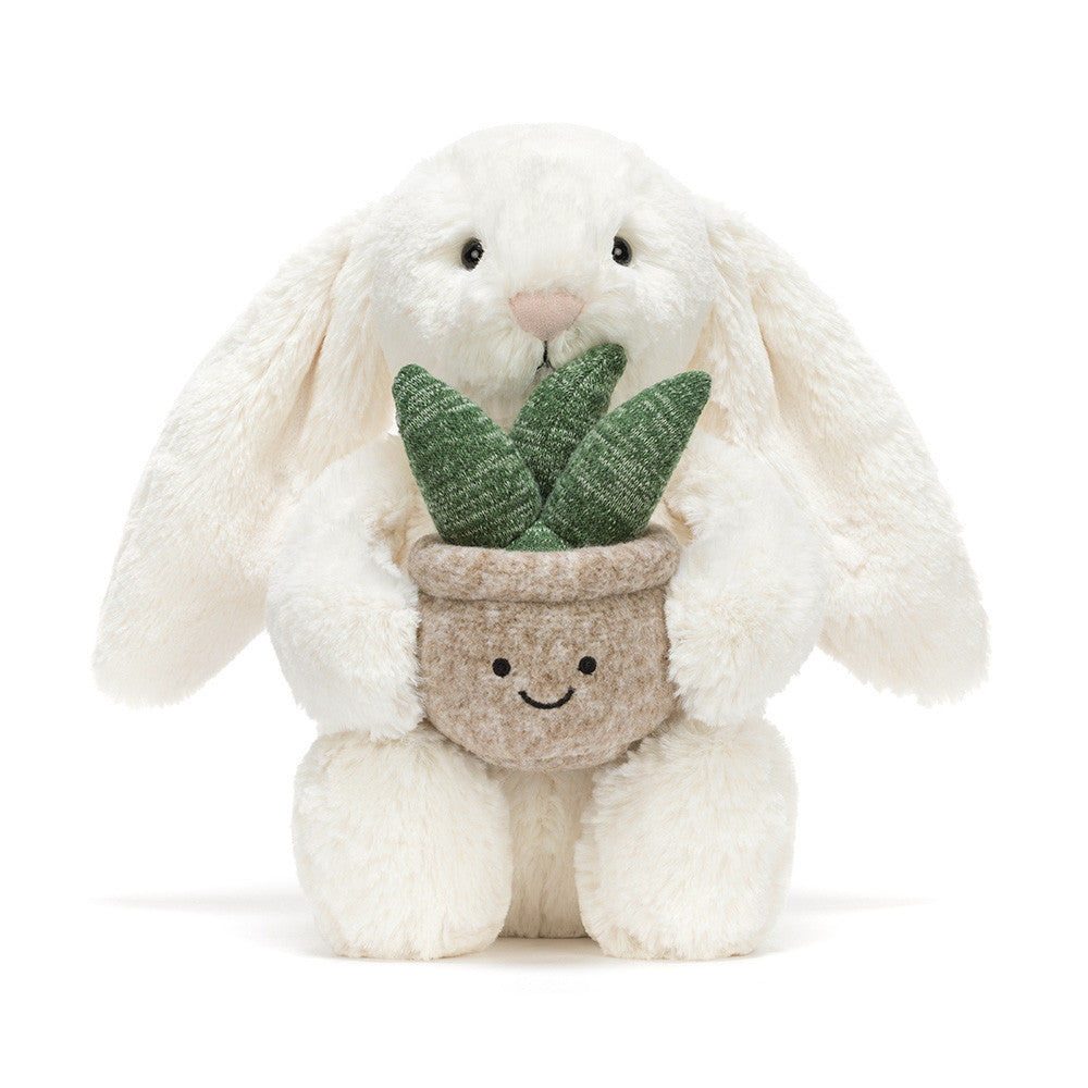 Cream Bunny with Plant Pot Plush — detail view — Leona BD