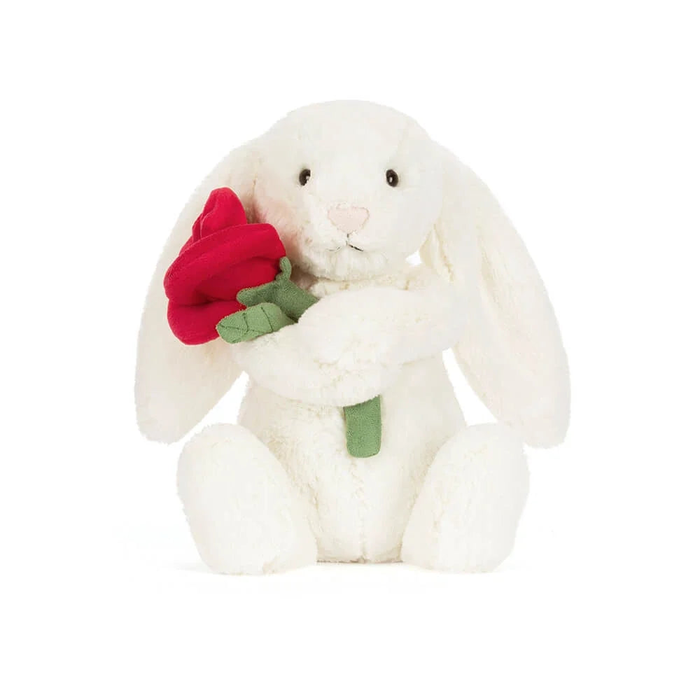 Bunny with Rose — white bunny plushie holding a red plush rose, romantic gift from Leona Bangladesh